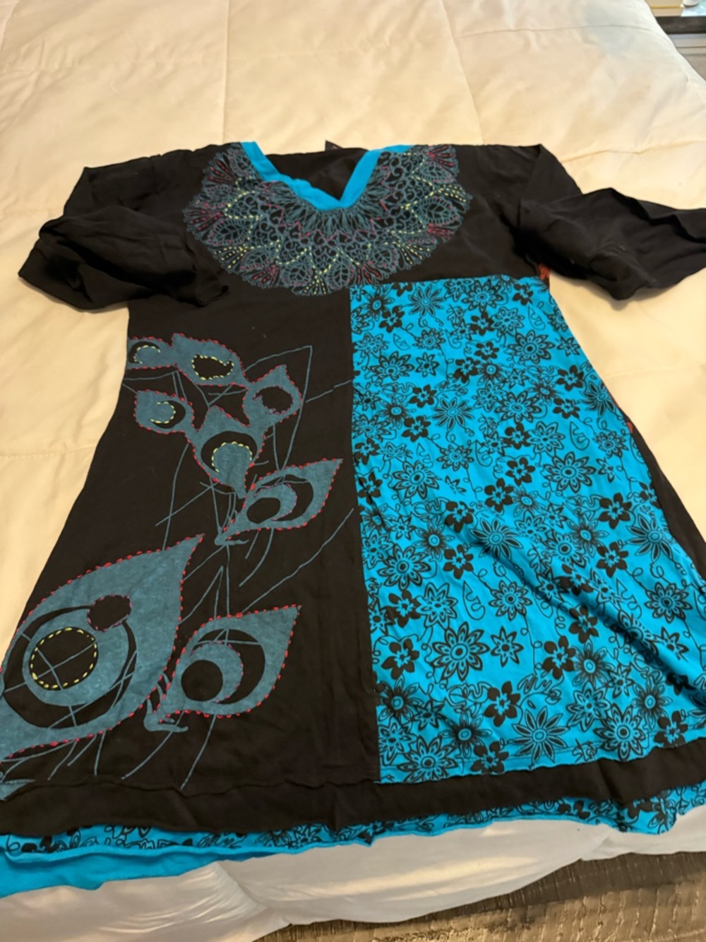 Black & Turquoise Floral Panel V-Neck Midi Dress
